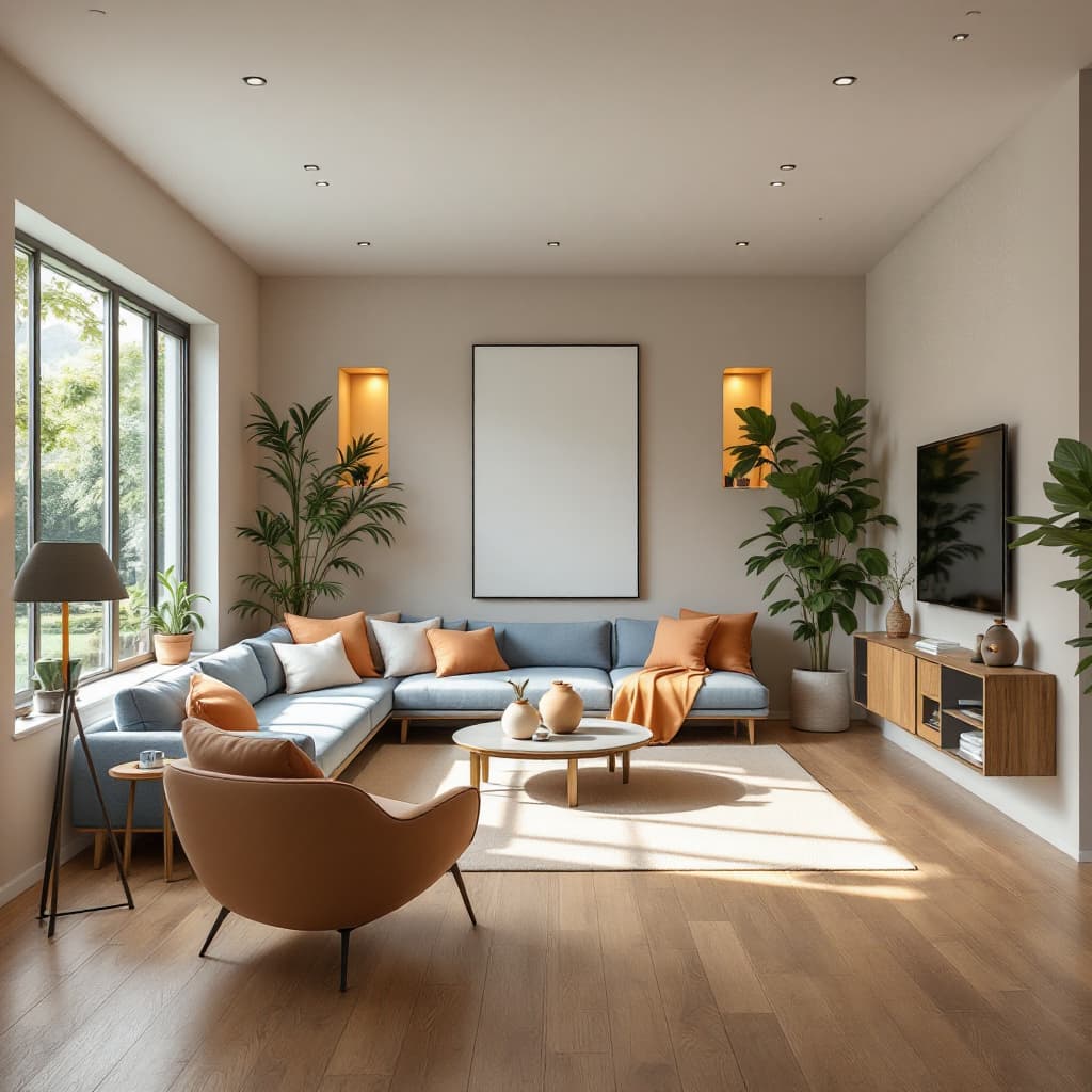 AI generated: High resolution photography interior design, dreamy sunken living room conversation pit, wooden floo...