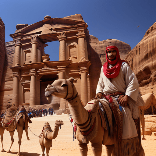 AI generated: a Bedouin standing in front of Petra in Jordan with proud and honor next to a camel and dust flying ...