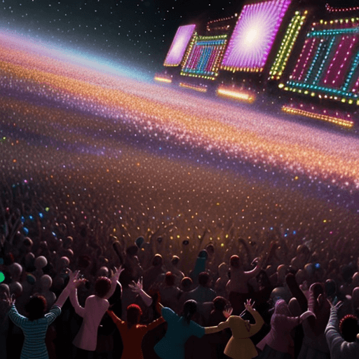 AI generated: hundreds dancing people on earth, everyone is happy, music, 8k