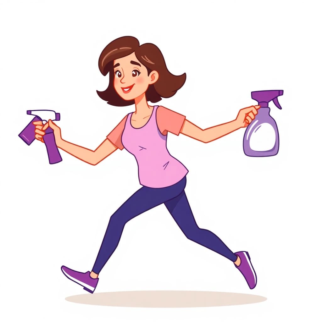 AI generated: A modern, flat-style digital illustration of a dynamic character in motion, holding cleaning product...