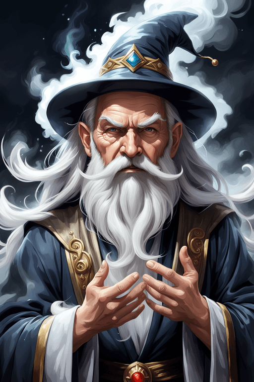 AI generated: An old wizard of 70 years with a long white beard, easy and mysterious expression, two hands with fi...