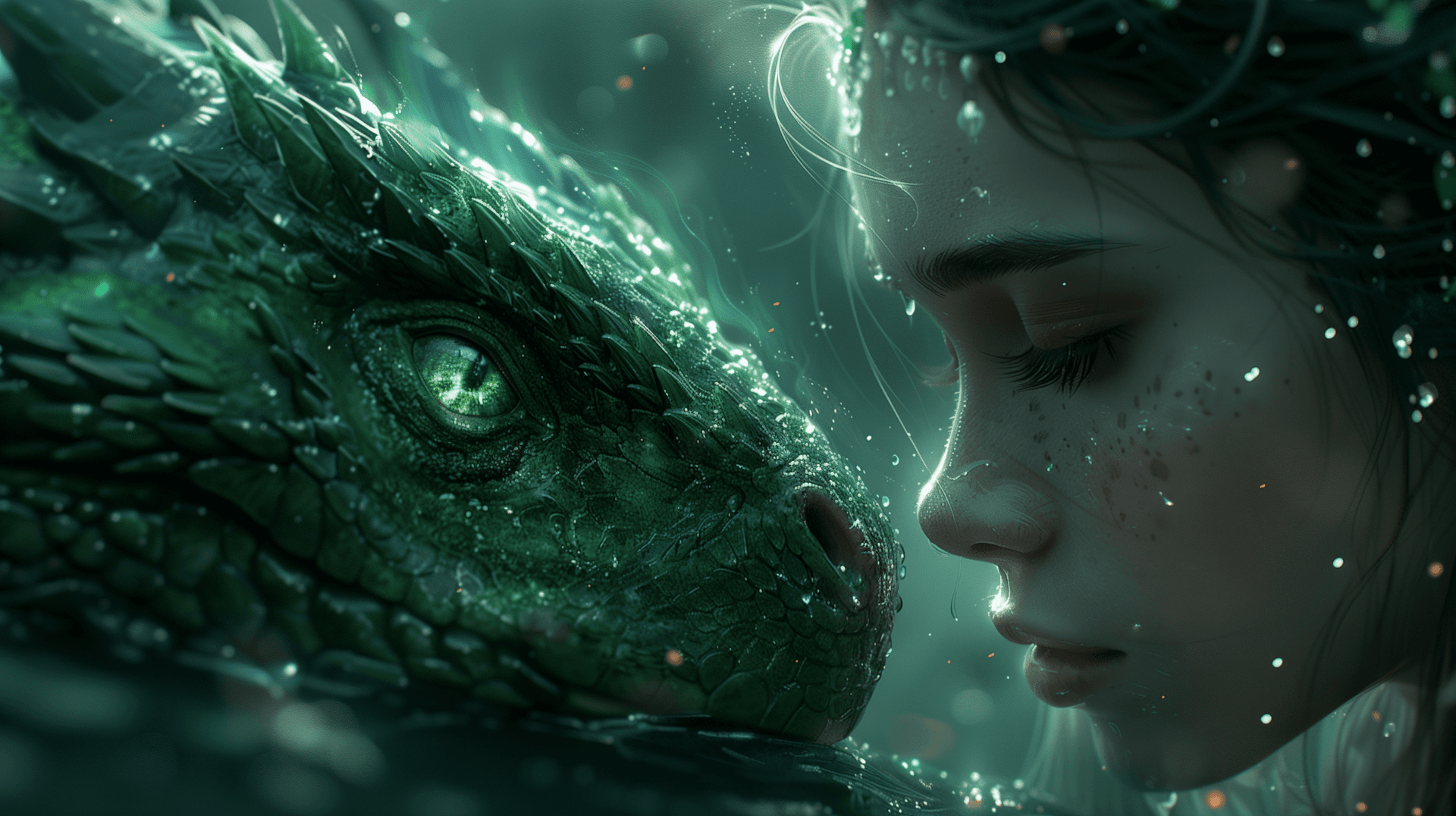AI generated: Face of ethereal goddess woman with sardonic smile, woman stroking the dragon, dragon smiling. dark ...
