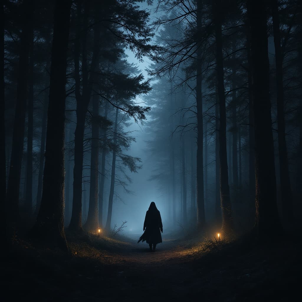 AI generated: "A realistic dark, eerie forest at night. Tall trees with faint shadows, a glowing mist in the air, ...