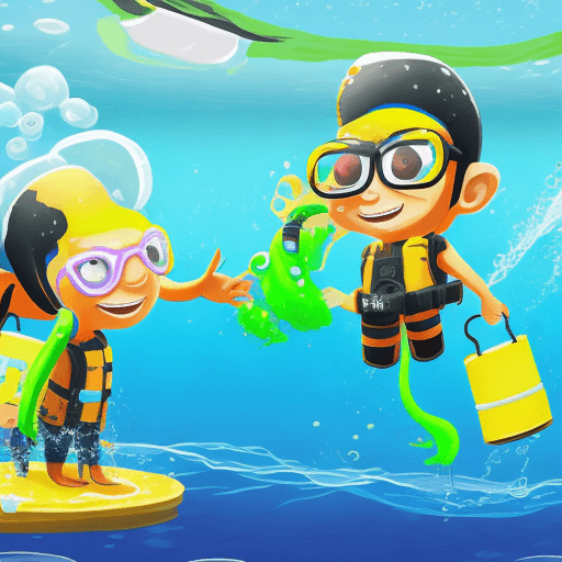 AI generated: splatoon inkling floating in water with life vest and flipper