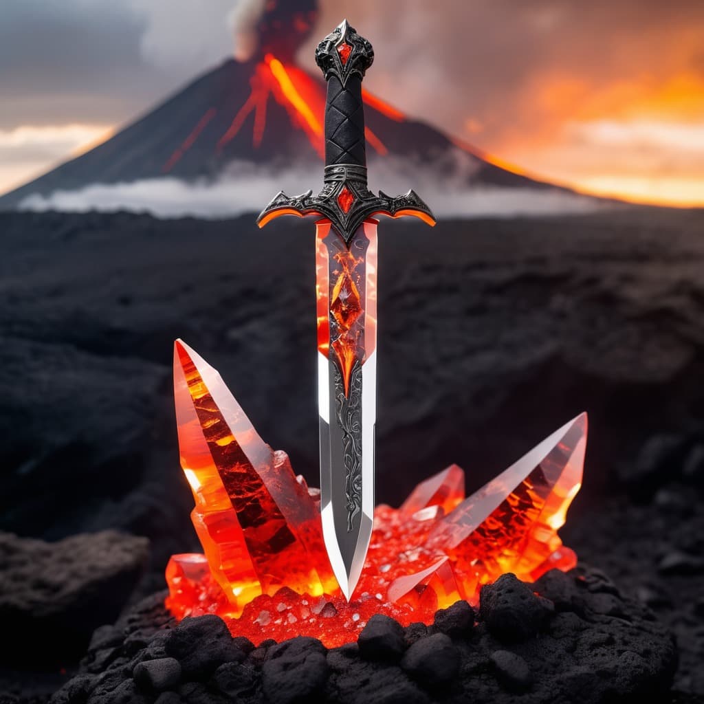 AI generated: A realistic, usable transparent DnD dagger made of crystal, lying flat on a volcano rock, featuring ...