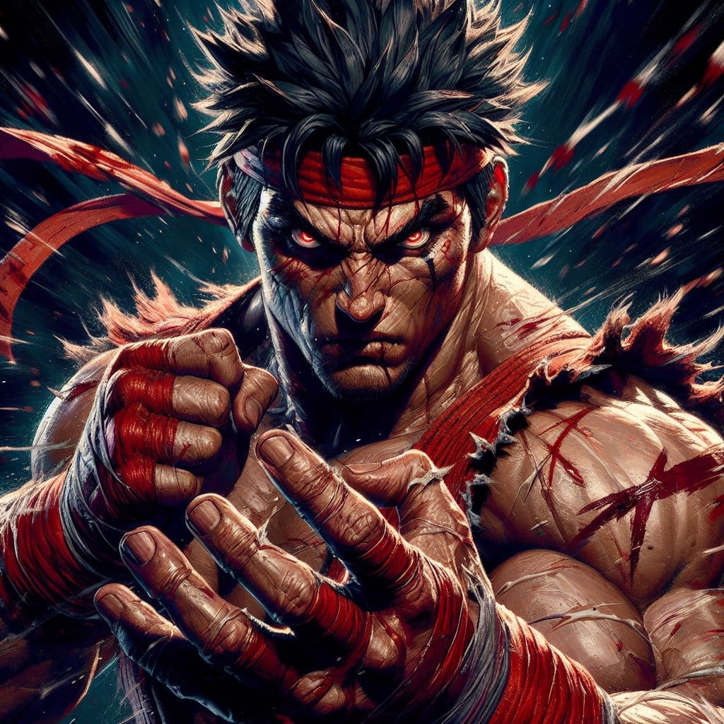 AI generated: An illustration of Ryu from Street Fighter with a tough and intense gaze, and strong, bandaded hands...