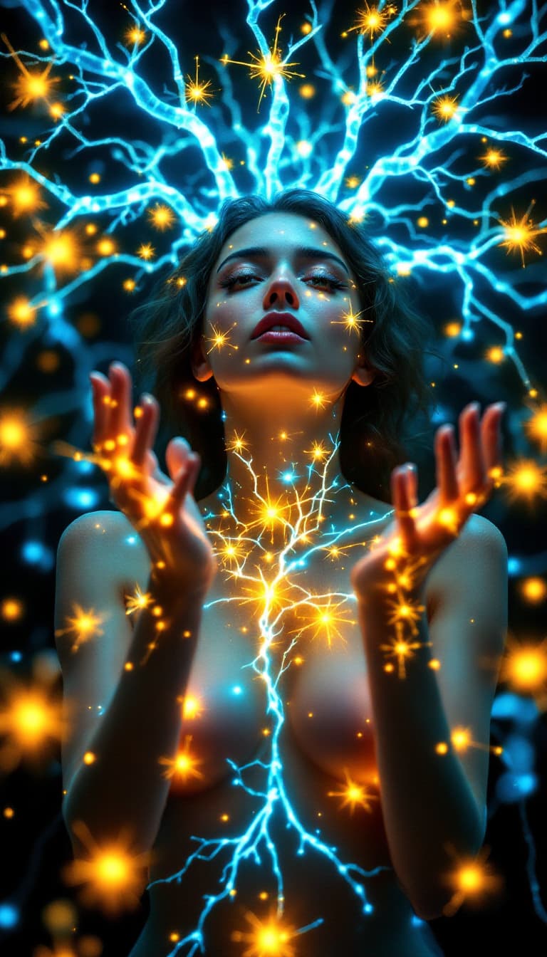 AI generated: A striking 20-year-old woman, reaches her hands towards the heavens, posed on her toes, her gaze loc...