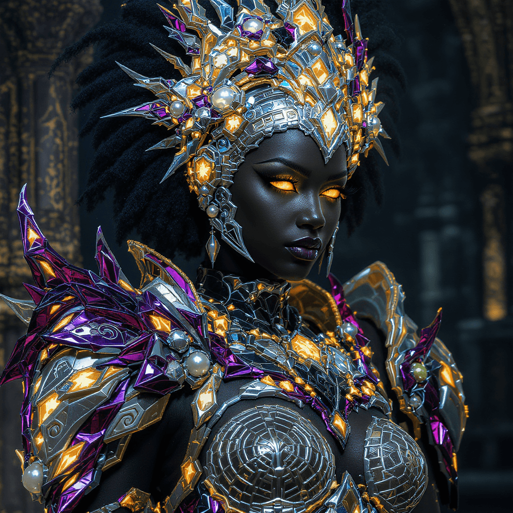 AI generated: “holographic kaioken vibranium armor, GOD energy core”: “Elite Ceremonial Afrofuturist warrior queen...