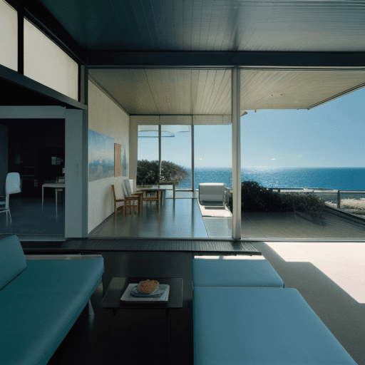 AI generated: Hyper realistic eye level exterior photo of a mid century modern style house overlooking the ocean, ...