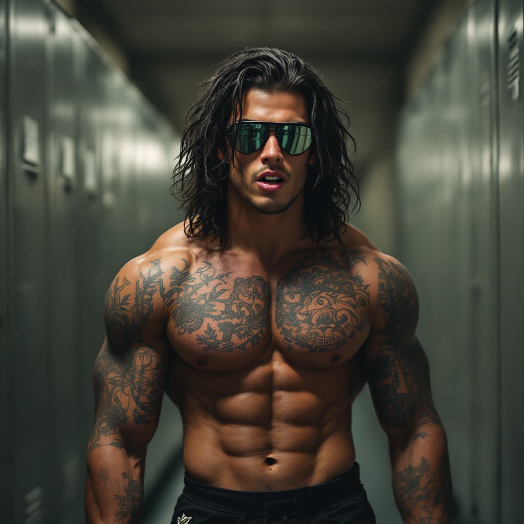 AI generated: Mark in the locker room, dumb college football player, long wavy black hair, green eyes, muscles, pa...