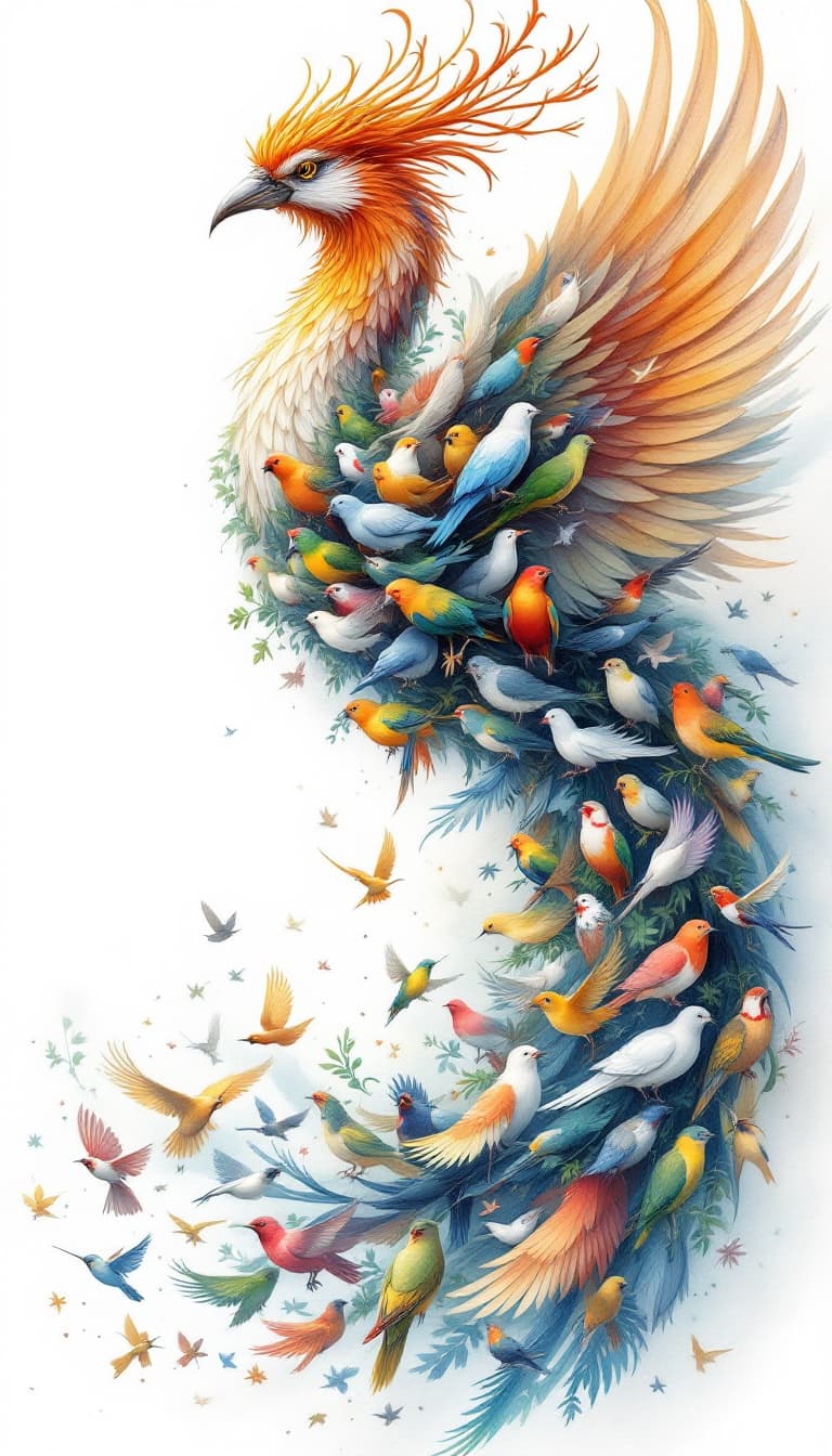 AI generated: A majestic phoenix-like bird composed entirely of various smaller birds with a detailed ,Hoopoe bird...
