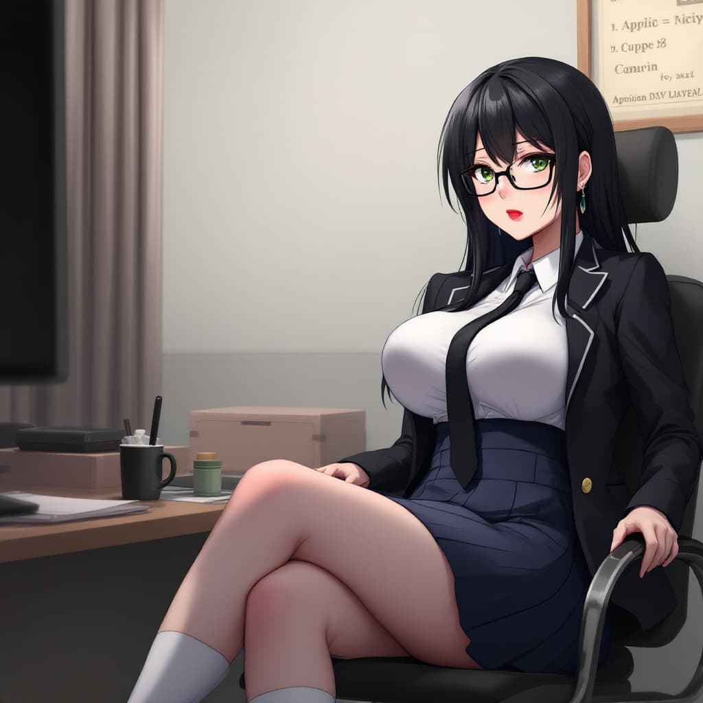 AI generated: anime, woman, black hair, long hair, green eyes, black glasses, red lips, white shirt, black tie, bl...