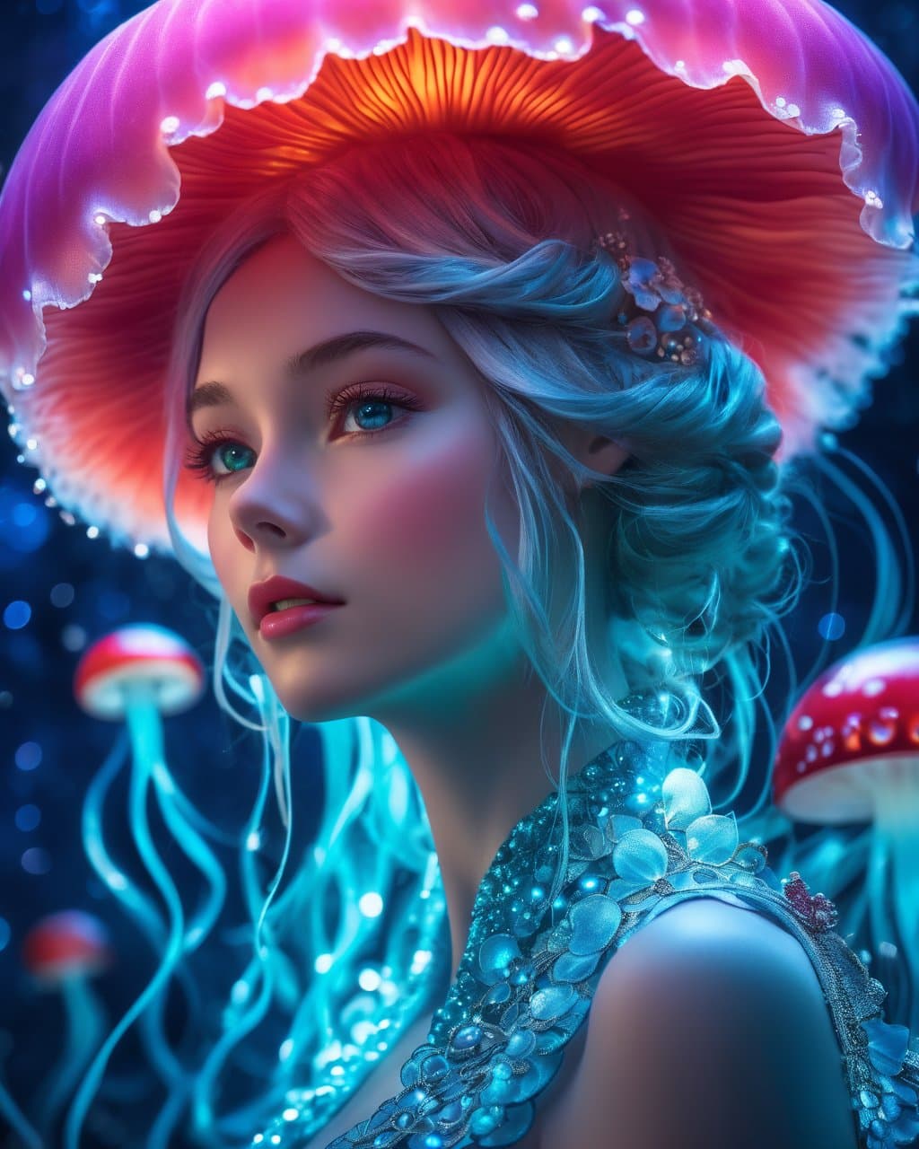 AI generated: Portrait close up photo of an bioluminescent lifeform princess based on Elsa jellyfish with fungus a...