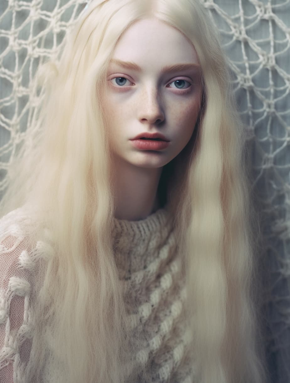 AI generated: a woman in a crocheted dress poses for a picture, vman magazine, pale skin!, 18 ears old girl, cover...