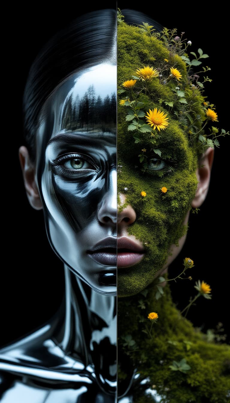 AI generated: 15. An enigmatic, waist-up portrayal of a woman, her face divided into two distinct sides – one a sm...