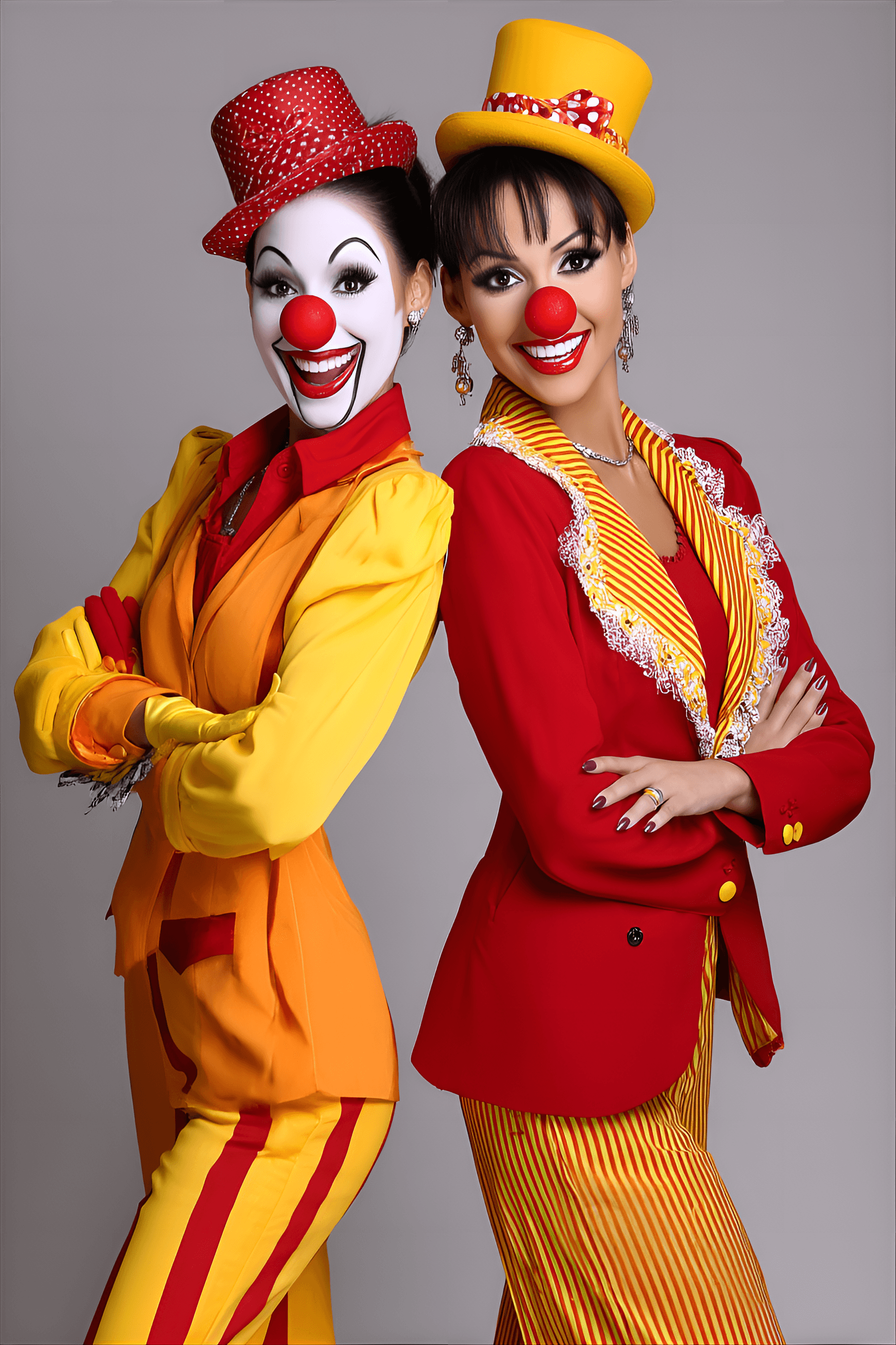 AI generated: funny caricature, quirky clown duo, female, unspecified ethnicity, 30 years old, painted faces, mism...