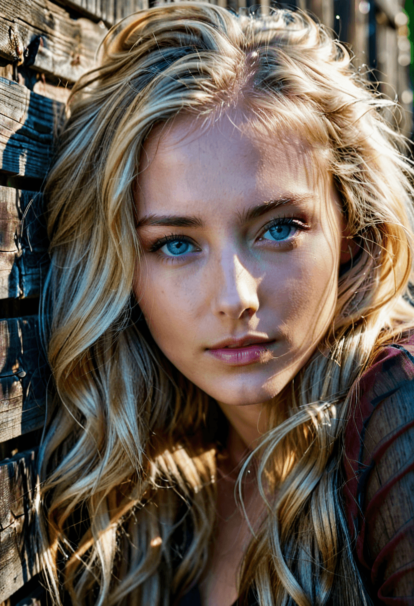 AI generated: cinematic photo gorgeous woman leaning her head up against a darkly stained wooden fence, long tousl...