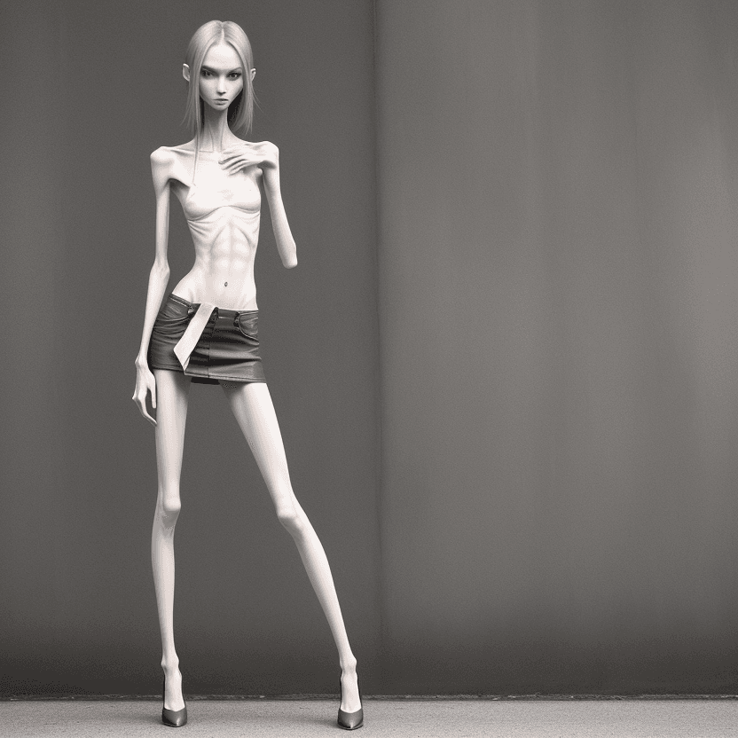 AI generated: extreme beautiful skinny slender (almost anorexic) girl with skinny slender thighs narrow, long fing...