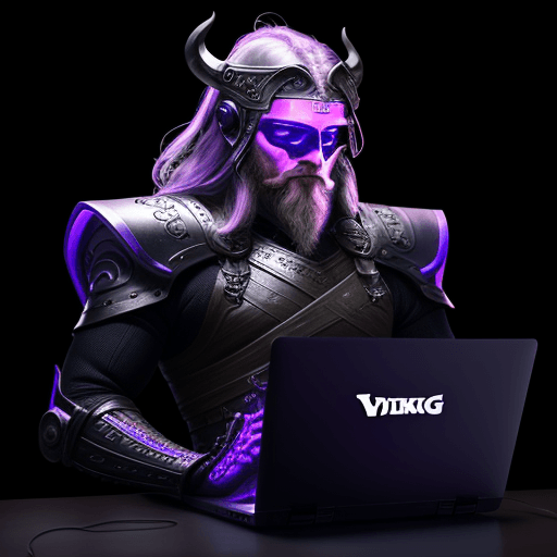 AI generated: Viking with work appearance, half body without face, using transparent laptop doing a speed test, sp...