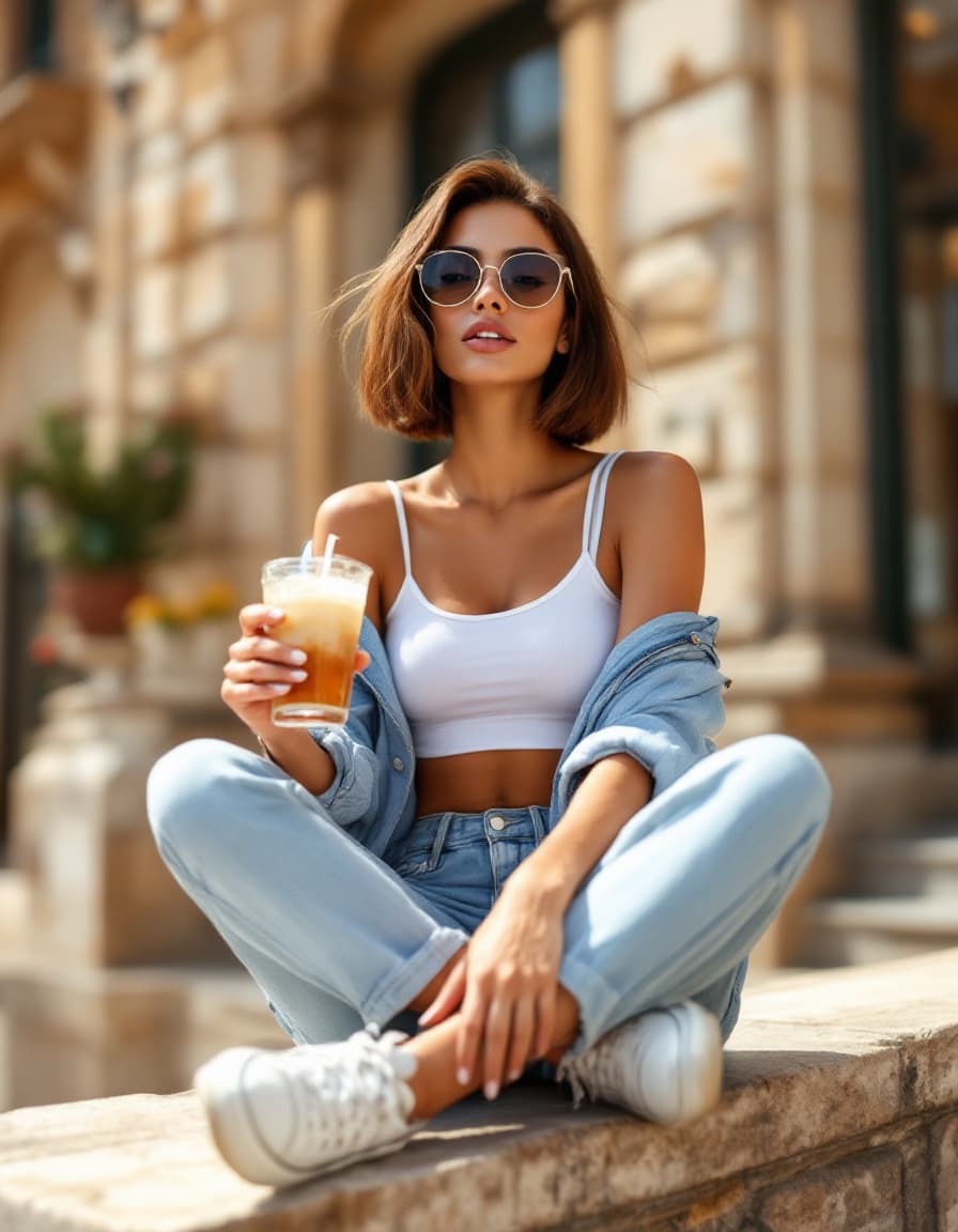 AI generated: perky young mixed Portuguese and Moroccan woman with chestnut-colored hair is styled in a blunt bob,...
