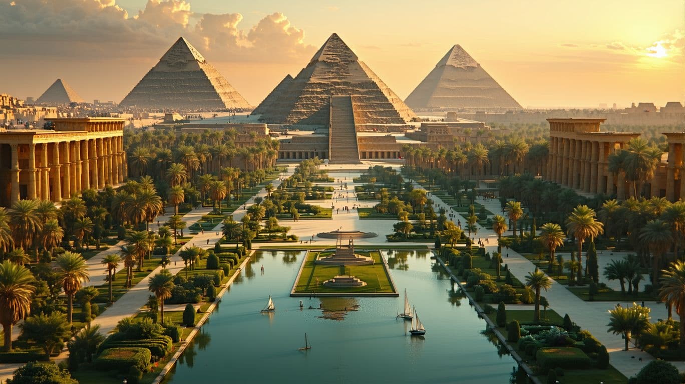 AI generated: a photorealistic picture of a perfect sunny day (ancient Egypt year 300BC) a overview picture of the...