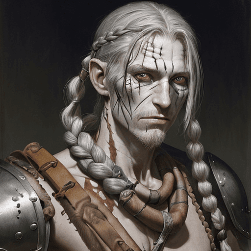 AI generated: one eyed Caucasian man with grey skin, covered in scars, scarring, wearing leather armor, a single a...
