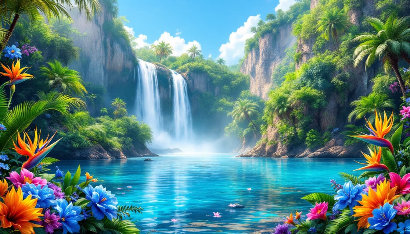 AI generated:  Digital artwork depicting a breathtaking blue lagoon with a vibrant and colorful style in a mystic ...