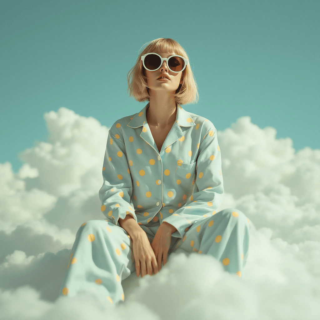 AI generated: A photo of an eccentric woman sitting on top of white fluffy clouds wearing big sunglasses and light...