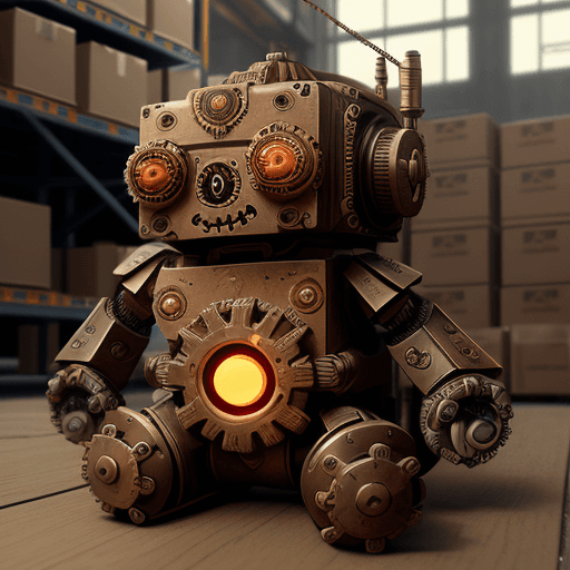 AI generated: Steampunk Robot, Gears, Small, Cute, (digital), (resting in detailed warehouse) , best quality, pape...