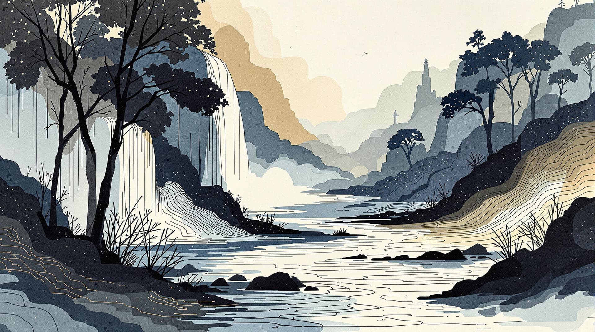 AI generated:  minimalisme line art of  paul klee style waterfall landscape and touches of fictive fantasy cool co...