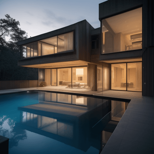 AI generated: a realistic photo, of a Modern house made of wood and glass, where walls are made of windows, in bru...
