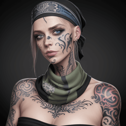 AI generated: verschiedene augenfarben, 8k, masterpice bodytattoo, bandana kopfbedeckung, scharfschütze, junge fra...