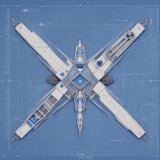 AI generated: Space-based x-wing, realistic, engineering blueprint, line drawing, no background, blue lines
