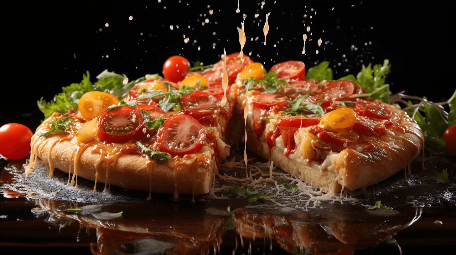 AI generated: large pizza with many toppings, in the style of luminosity of water, lively movement portrayal, dark...