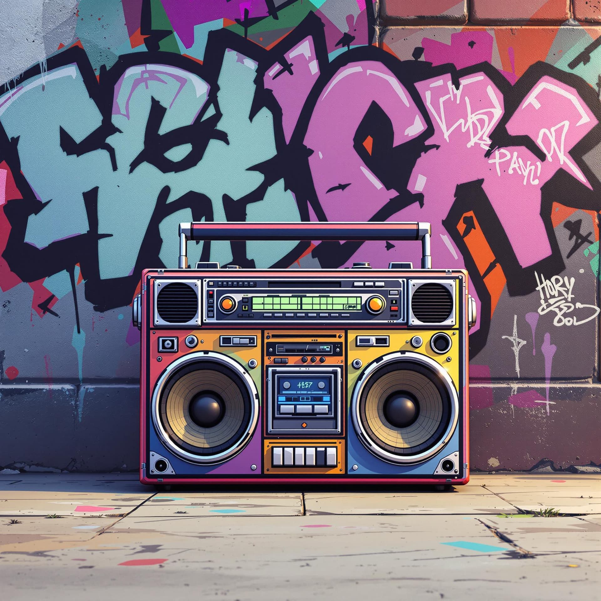 AI generated: front view of a multicolor old school boombox in front of a street wall with graffiti, cartoon reali...