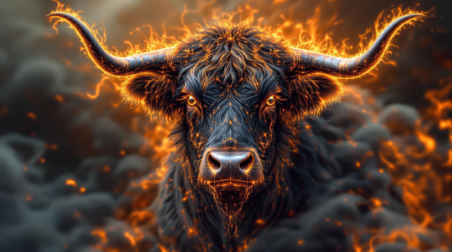AI generated: A highly detailed artistic fibonacci render of a highland cow made of black and orange fire, ferrofl...