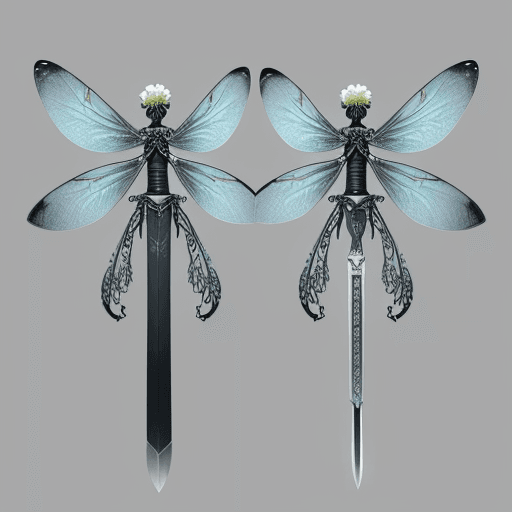 AI generated: A thin sword tattoo, the sword has dragonfly wings and a scale hanging from the two sides of the swo...