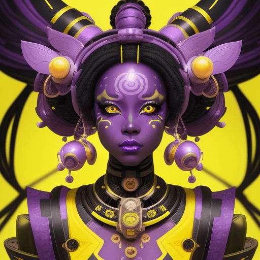 AI generated: a Black girl with a yellow face paint and purple makeup, in the style of futuristic designs, bright ...