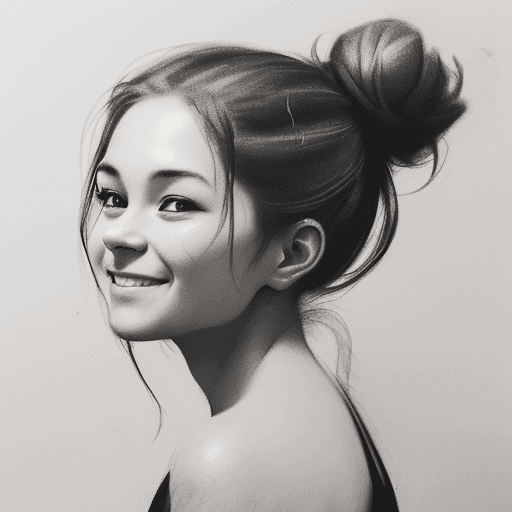AI generated: A stunning minimalist charcoal sketch of a joyful woman with a messy bun, capturing the essence of e...