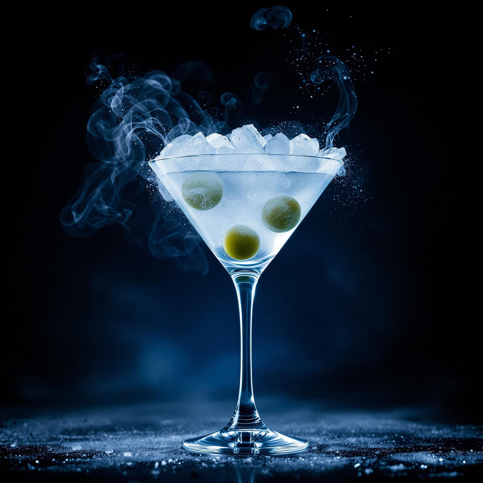 AI generated: award-winning photography of a perfect martini with dry ice in the vodka and fumes rising from the i...