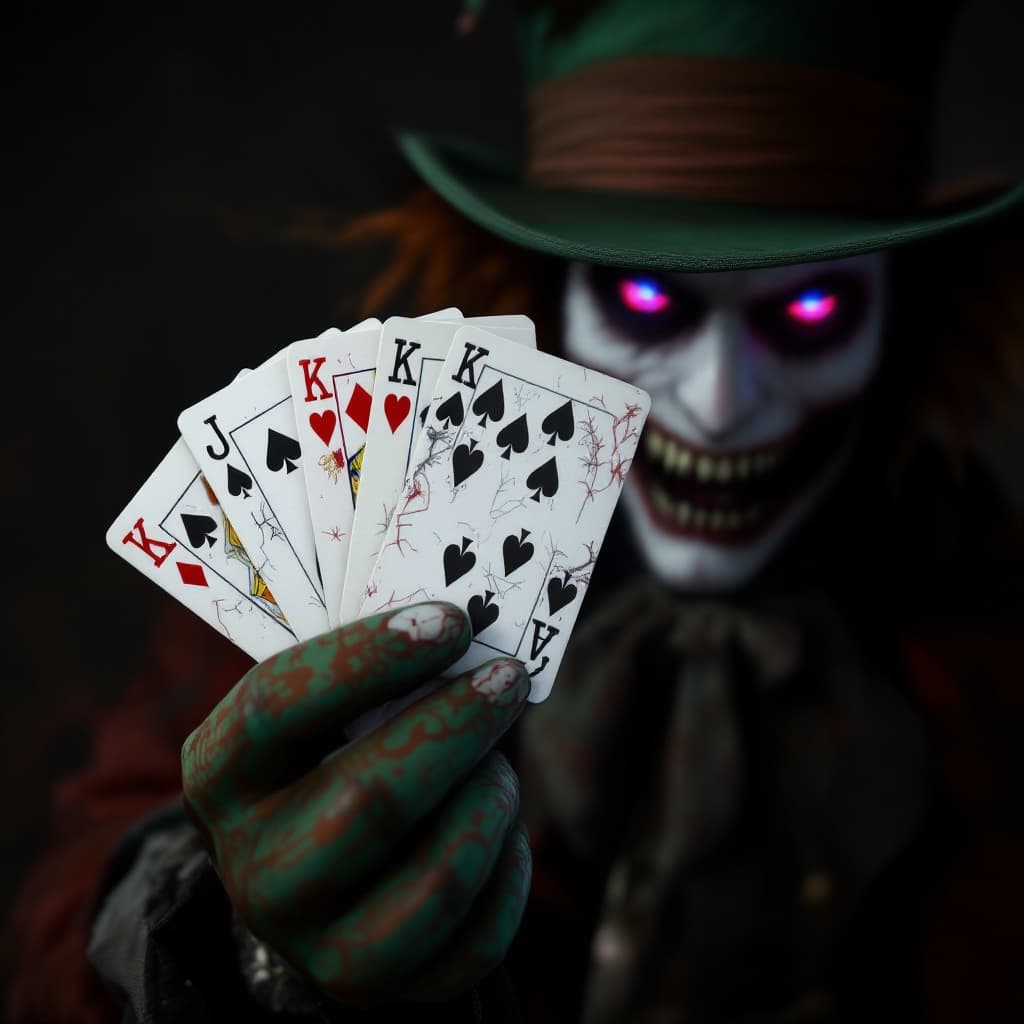AI generated: Haunted Mad Hatter with poker cards in one hand, daz3d, by artificial nightmares