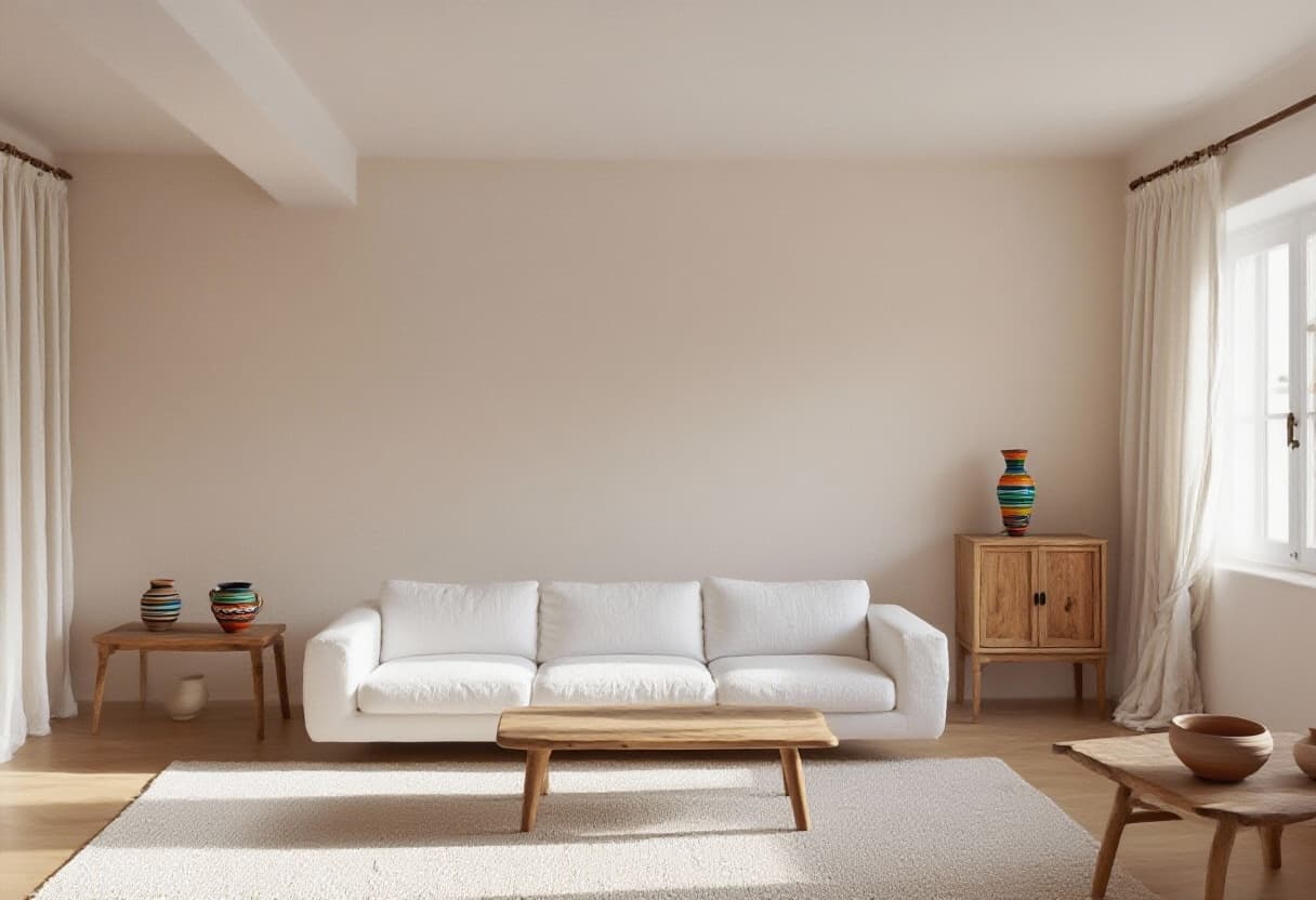 AI generated: A Mediterranean minimalist living room with light beige walls, linen curtains, a white cotton sofa, ...