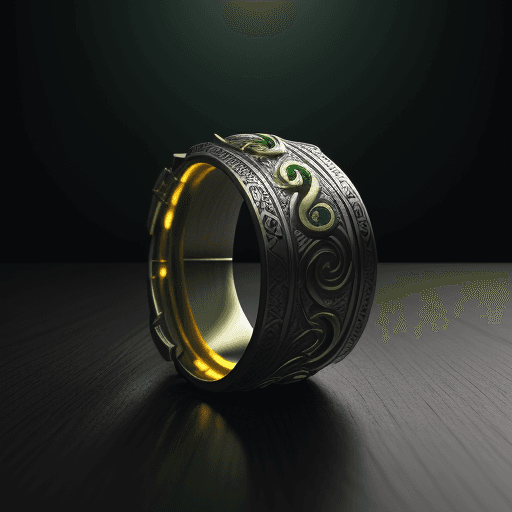 AI generated: Ring on the table with the design and character of hulk The Ring is gold and grey dark, no watermark...
