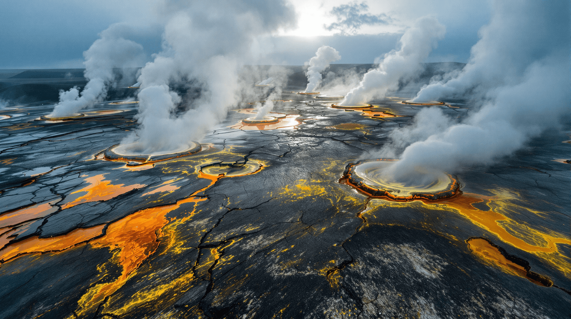 AI generated: A vast, sweeping drone shot of a desolate and primordial volcanic wasteland. The ground is a patchwo...