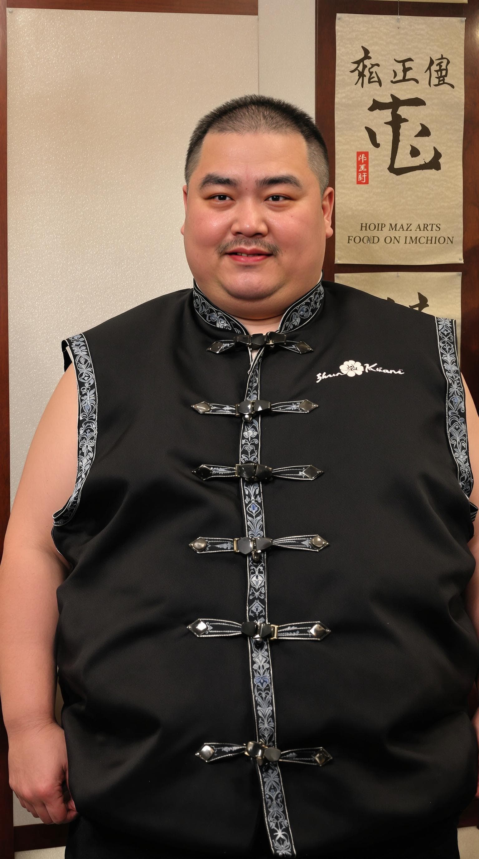 AI generated: Overweight Chinese man in his 20s; wearing traditional black martial arts vest with embroidered trim...