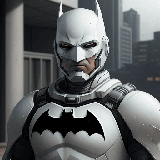 AI generated: white sci-fi batman armor with cybernetic helmet, full armor, insulated armor, spacesuit, bald head,...