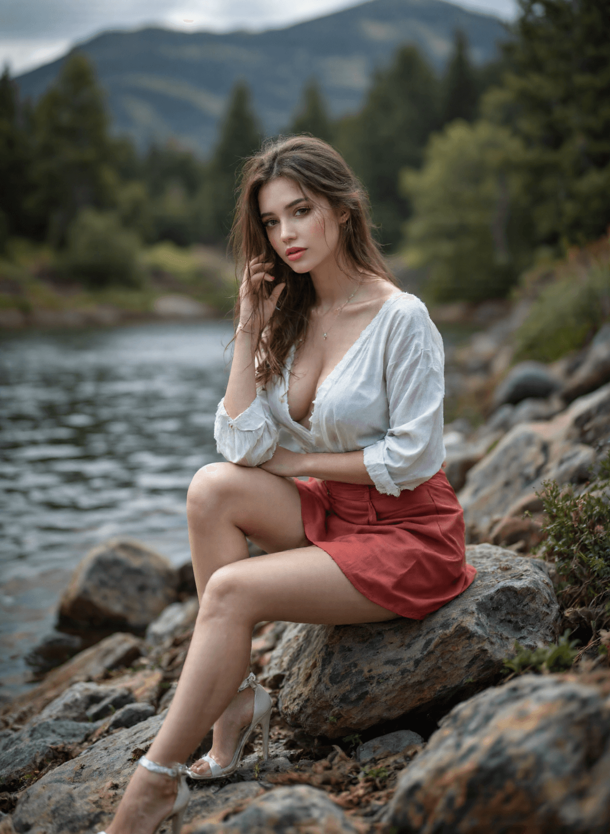 AI generated: The image depicts a beautiful woman sitting on a rock by the edge of a serene lake surrounded by lus...