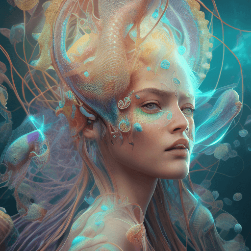 AI generated: Goddess close-up portrait ribcagel. jellyfish phoenix head, nautilus, orchid, skull, betta fish, bio...