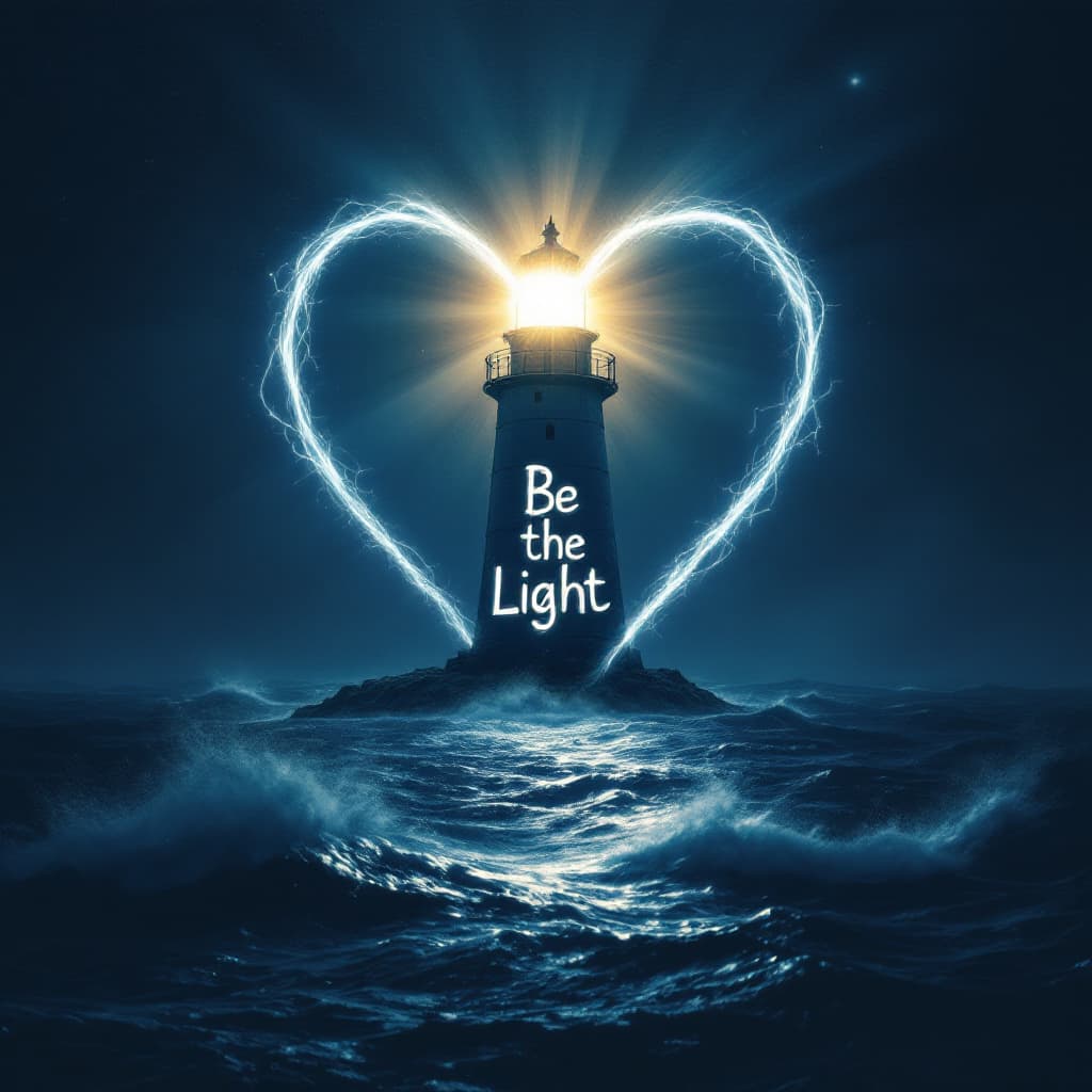 AI generated: A radiant lighthouse in the shape of a heart, illuminating a stormy sea with the words "Be the Light...