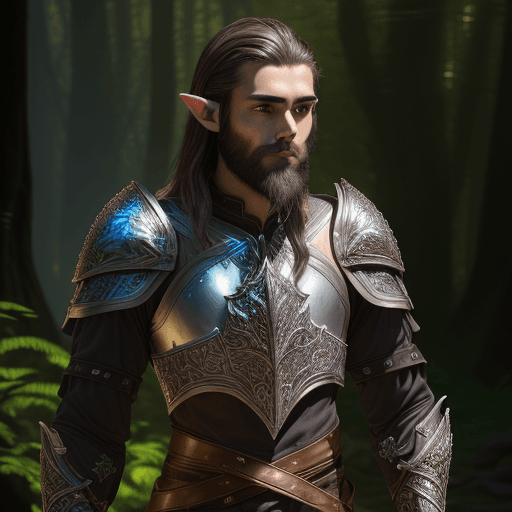 AI generated: high detailed professional upper body photo of a young half-elf with dark beard wearing intricate li...